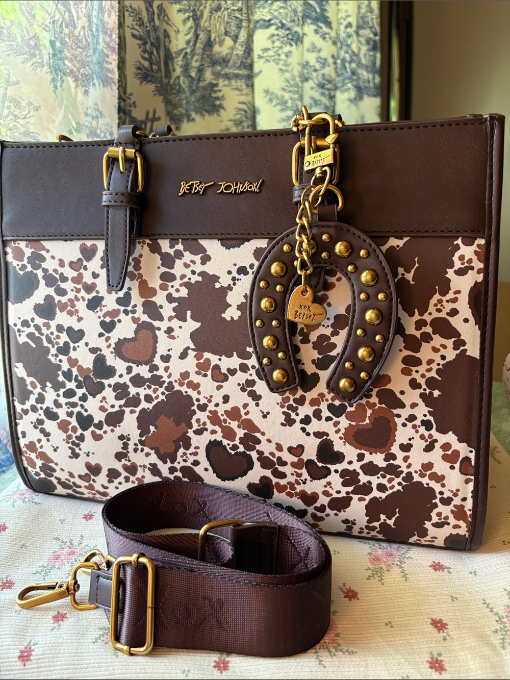 Betsey Johnson Brown and Cream Spotted Tote with Studded Horseshoe Charm